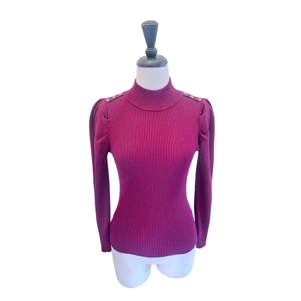 TAHARI Women's High Neck Ribbed Knit Puffed Long Sleeve Sweater Purple Size XS